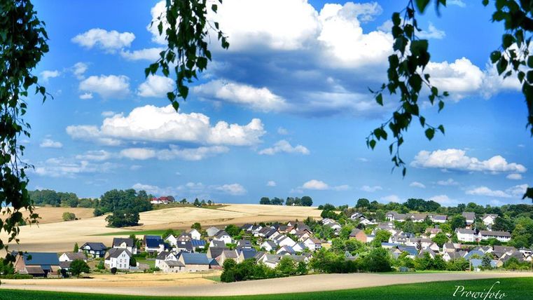 Eine idyllische Landschaft mit einem kleinen Dorf, umgeben von Feldern und Bäumen. Der Himmel ist blau mit vielen Wolken.