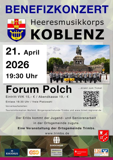 Ein Plakat für ein Benefizkonzert des Heeresmusikkorps Koblenz. Das Konzert findet am 21. April 2026 im Forum Polch statt.