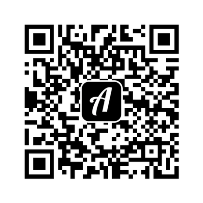 Een QR-code met een gestileerde letter A in het midden. De achtergrond is wit en de code bestaat uit zwarte vierkanten en lijnen.